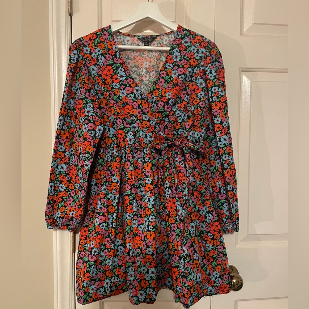 Miss Selfridge Black Mini Dress with Orange, Blue, Pink Floral Print fall feels!